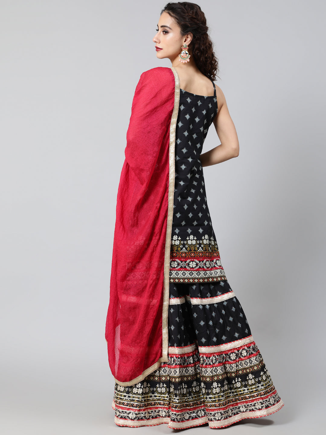 Black Printed Kurta Sharara With Dupatta - Elganza