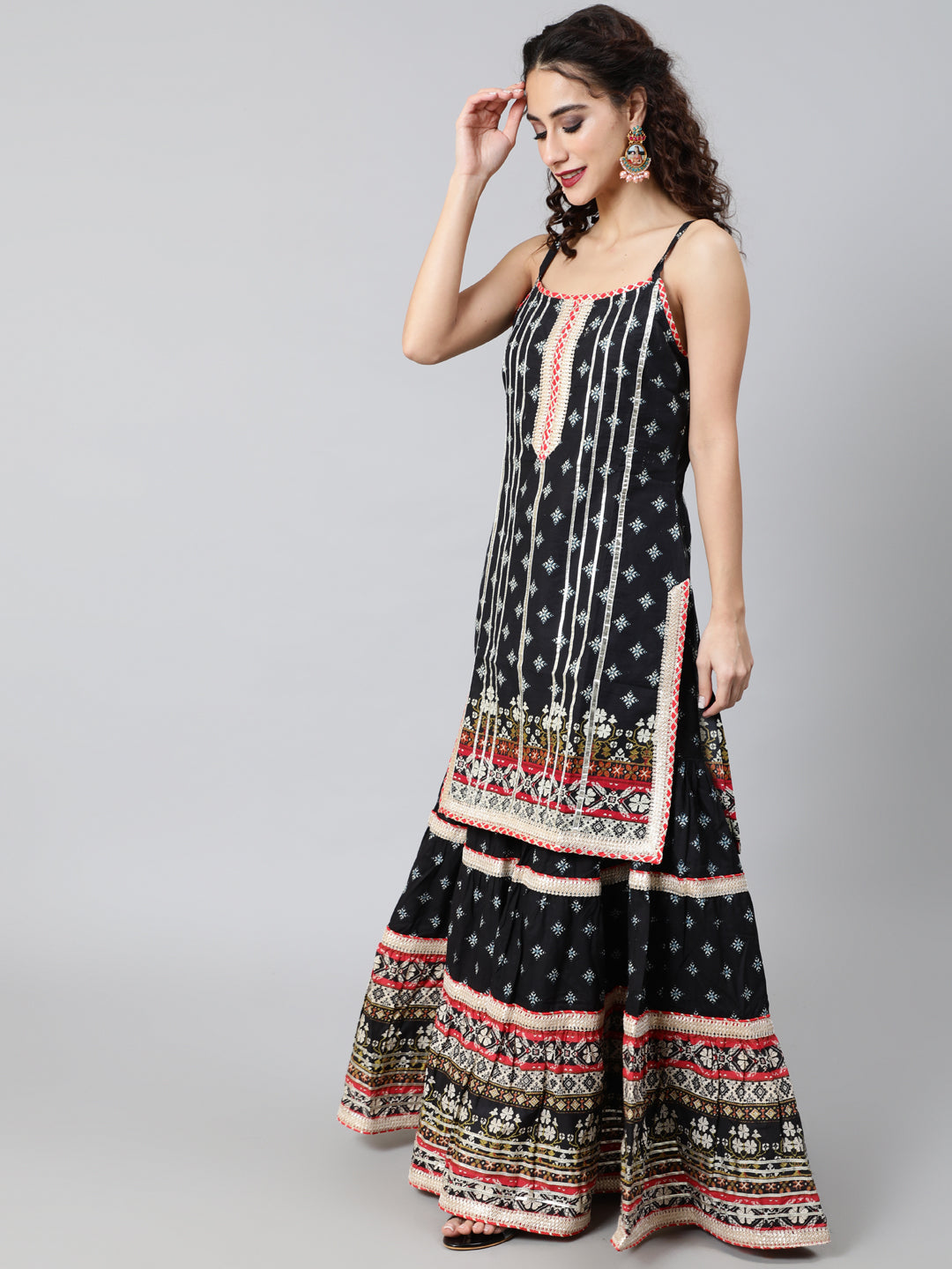 Black Printed Kurta Sharara With Dupatta - Elganza