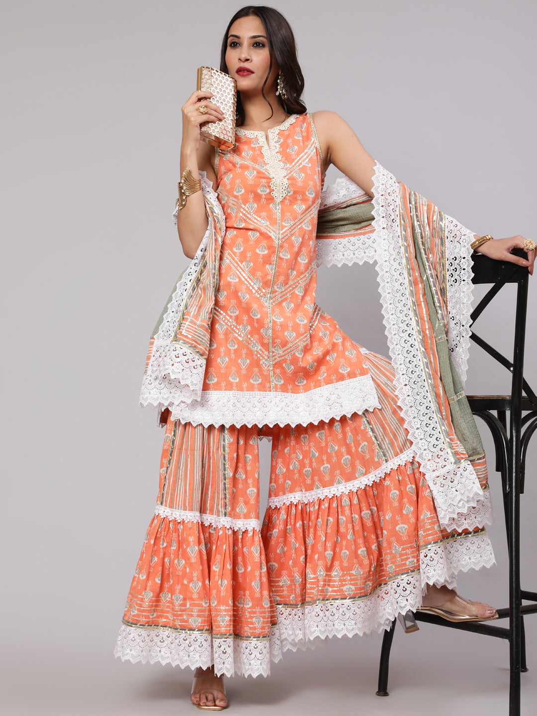 Peach Printed Kurta Sharara With Dupatta - Elganza