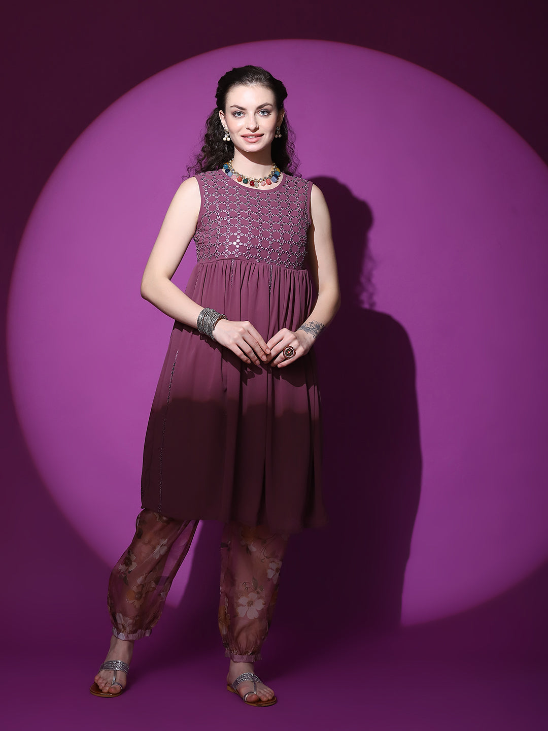 Burgundy Mirror Work Kurta With Balloon Palazzo - Elganza