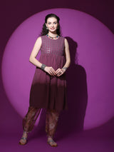 Burgundy Mirror Work Kurta With Balloon Palazzo - Elganza