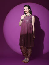 Burgundy Mirror Work Kurta With Balloon Palazzo - Elganza