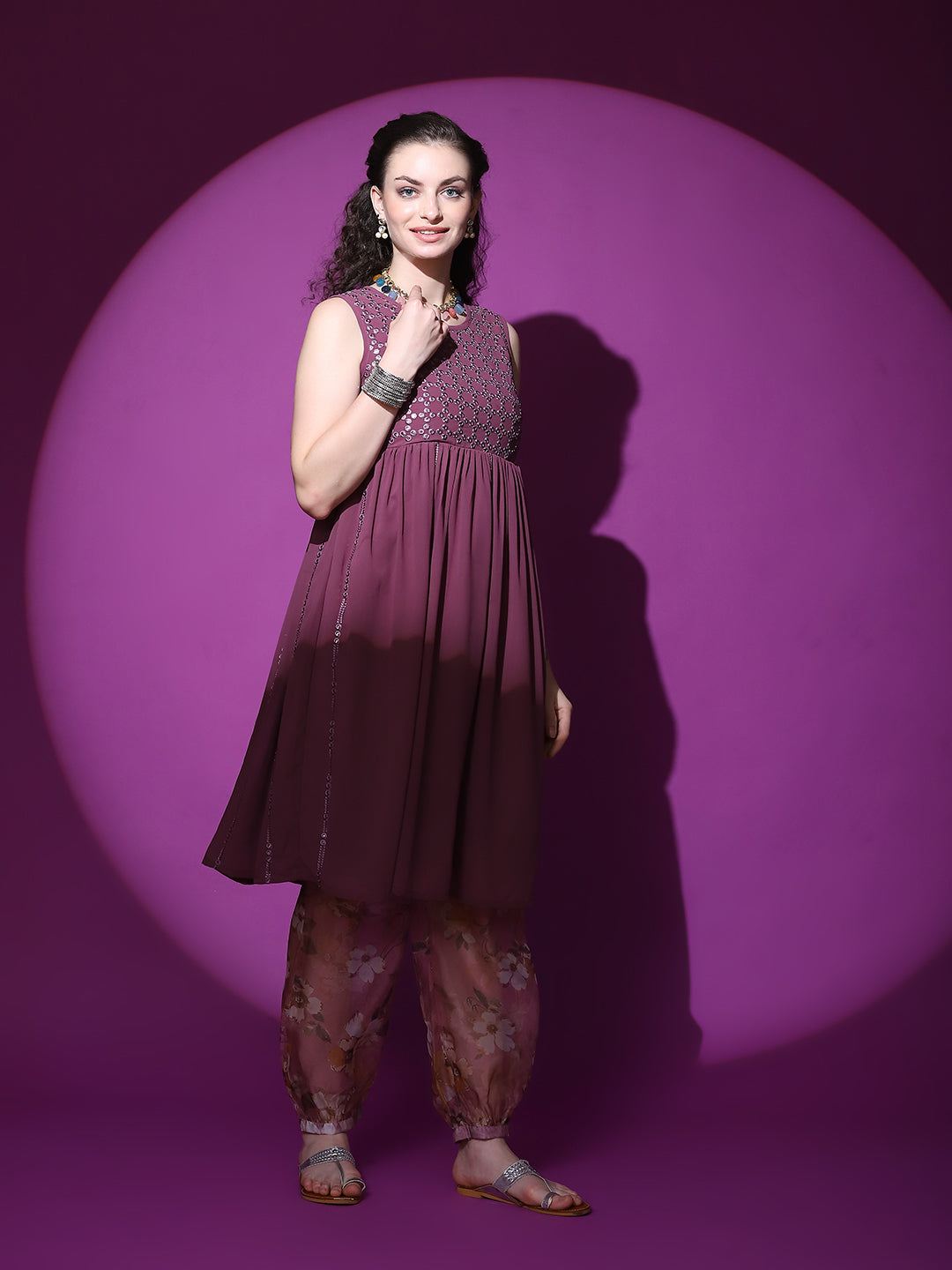 Burgundy Mirror Work Kurta With Balloon Palazzo - Elganza