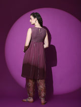 Burgundy Mirror Work Kurta With Balloon Palazzo - Elganza