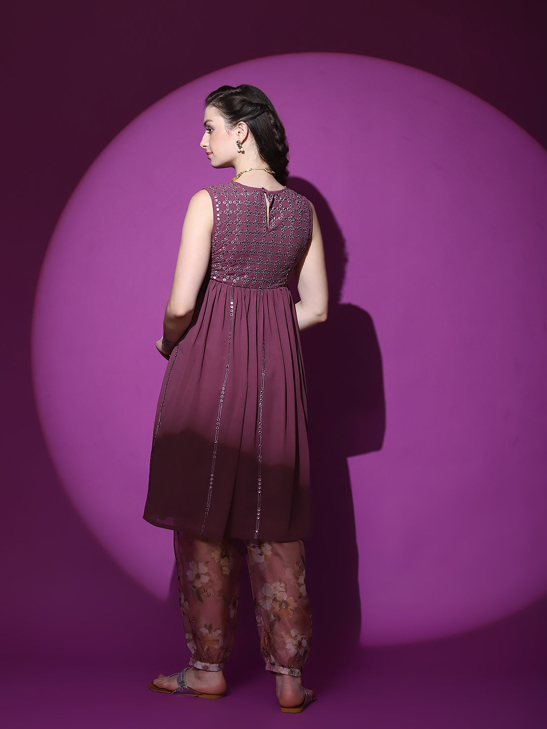 Burgundy Mirror Work Kurta With Balloon Palazzo - Elganza