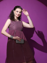 Burgundy Mirror Work Kurta With Balloon Palazzo - Elganza