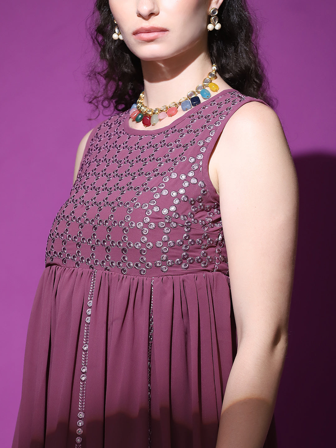 Burgundy Mirror Work Kurta With Balloon Palazzo - Elganza