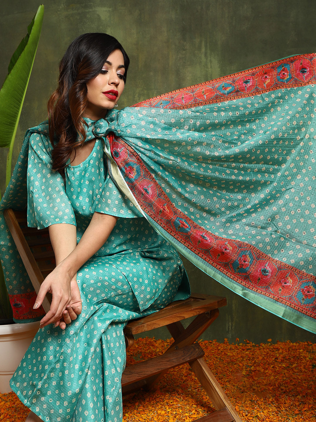 Green Bandhani Print Kurta Palazzo With Dupatta - Elganza