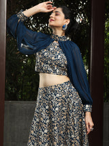 Blue Lehenga Choli With Cape Sleeves - Elganza