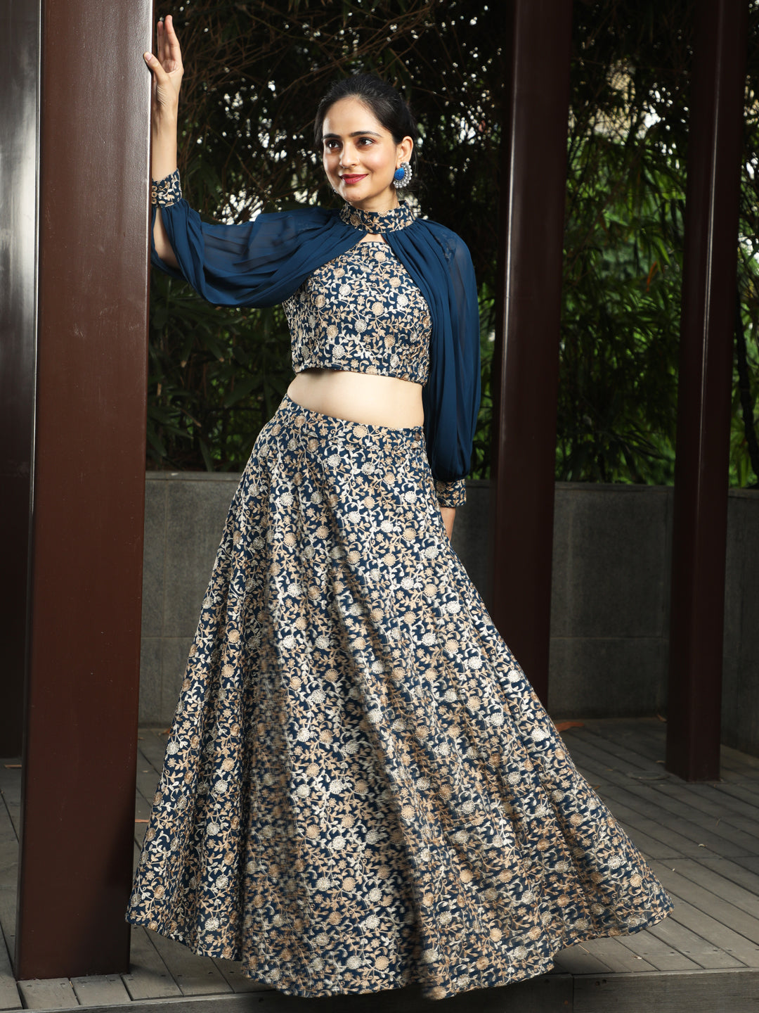 Blue Lehenga Choli With Cape Sleeves - Elganza