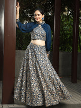 Blue Lehenga Choli With Cape Sleeves - Elganza