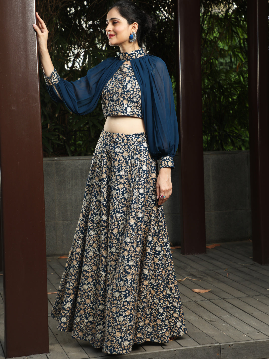 Blue Lehenga Choli With Cape Sleeves - Elganza