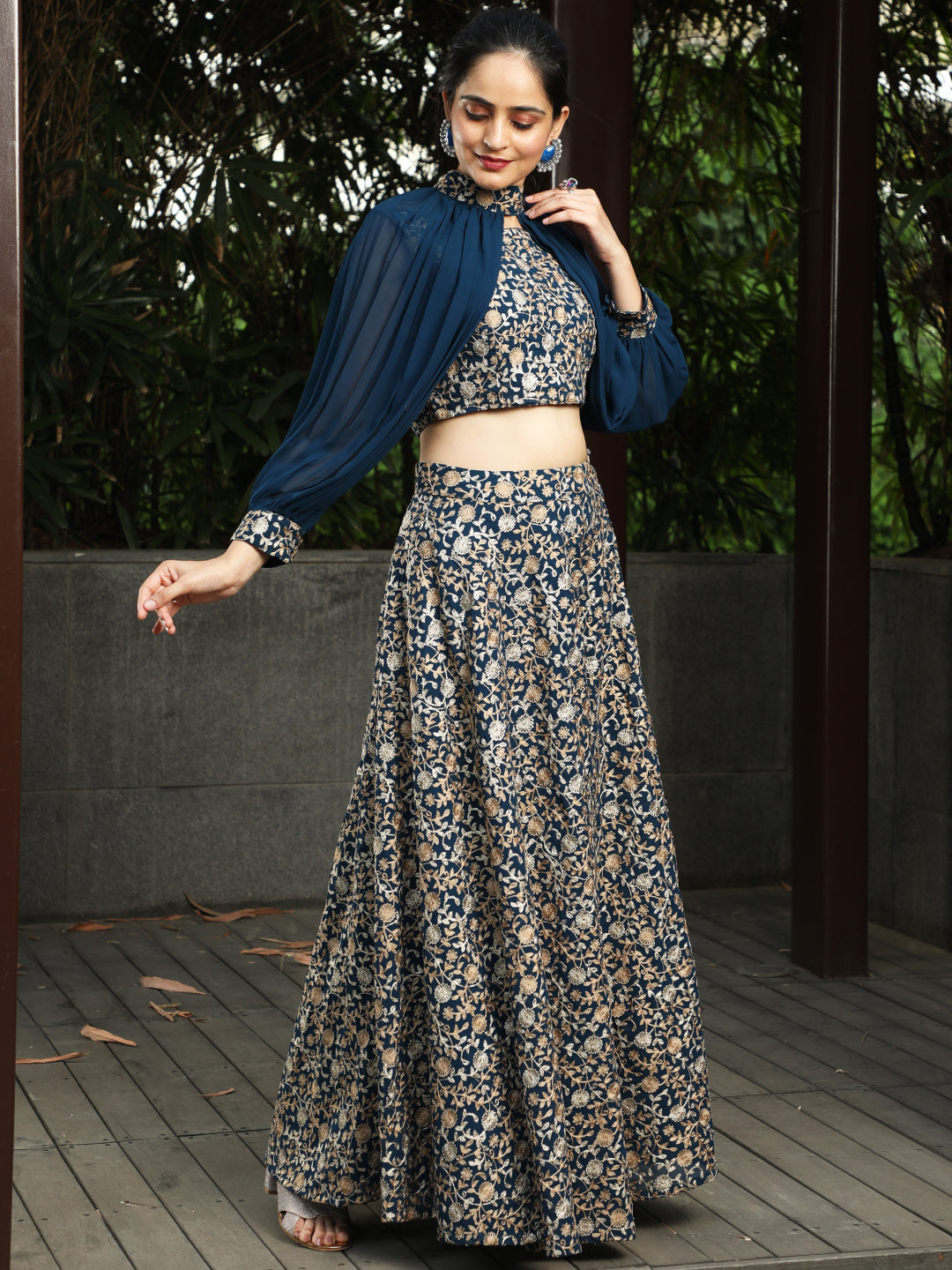 Blue Lehenga Choli With Cape Sleeves - Elganza