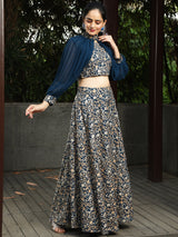 Blue Lehenga Choli With Cape Sleeves - Elganza