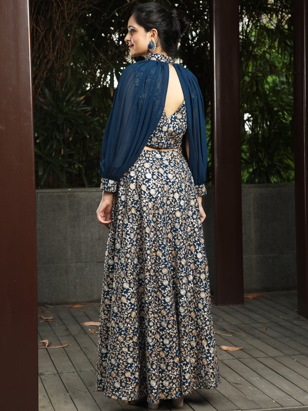 Blue Lehenga Choli With Cape Sleeves - Elganza