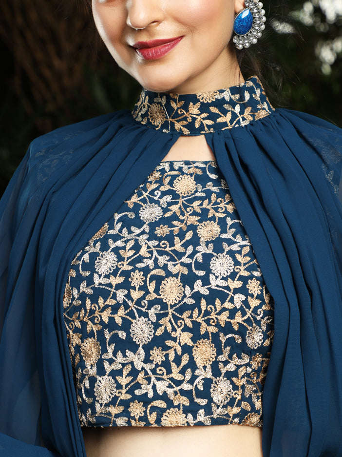 Blue Lehenga Choli With Cape Sleeves - Elganza