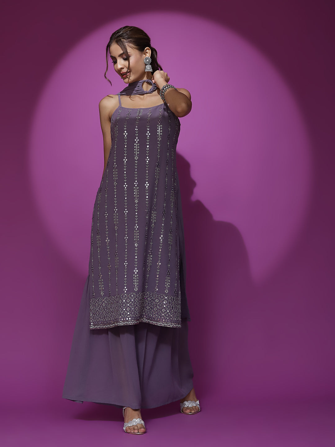 Lavender Sequin Kurta Sharara With Dupatta - Elganza