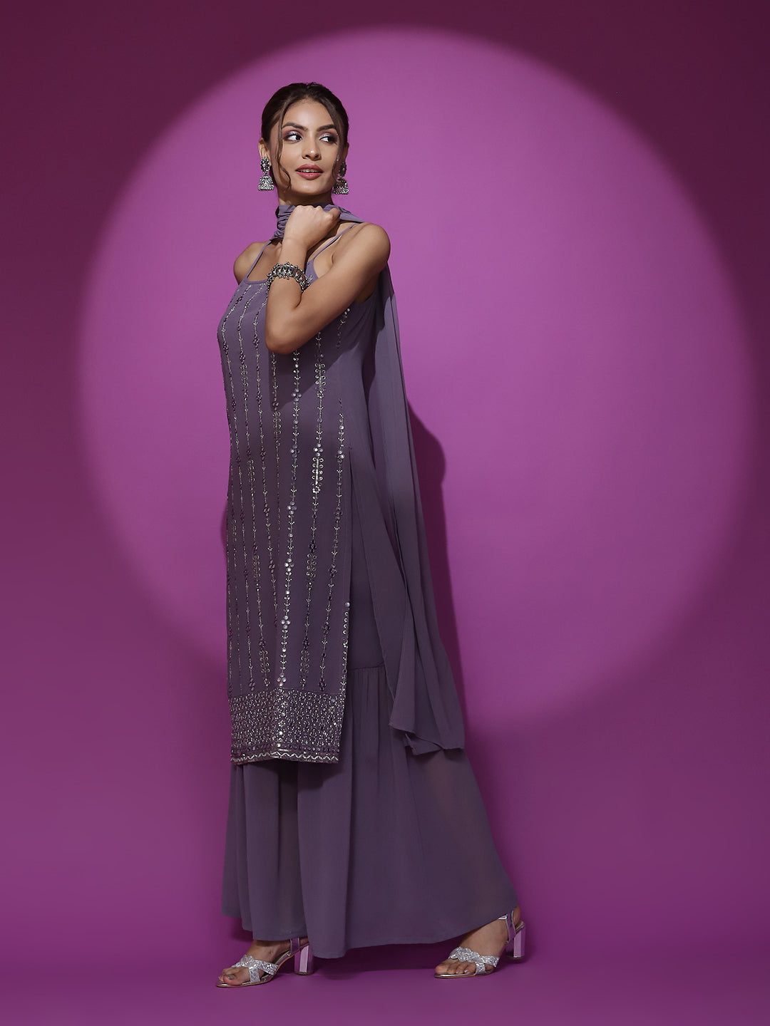 Lavender Sequin Kurta Sharara With Dupatta - Elganza