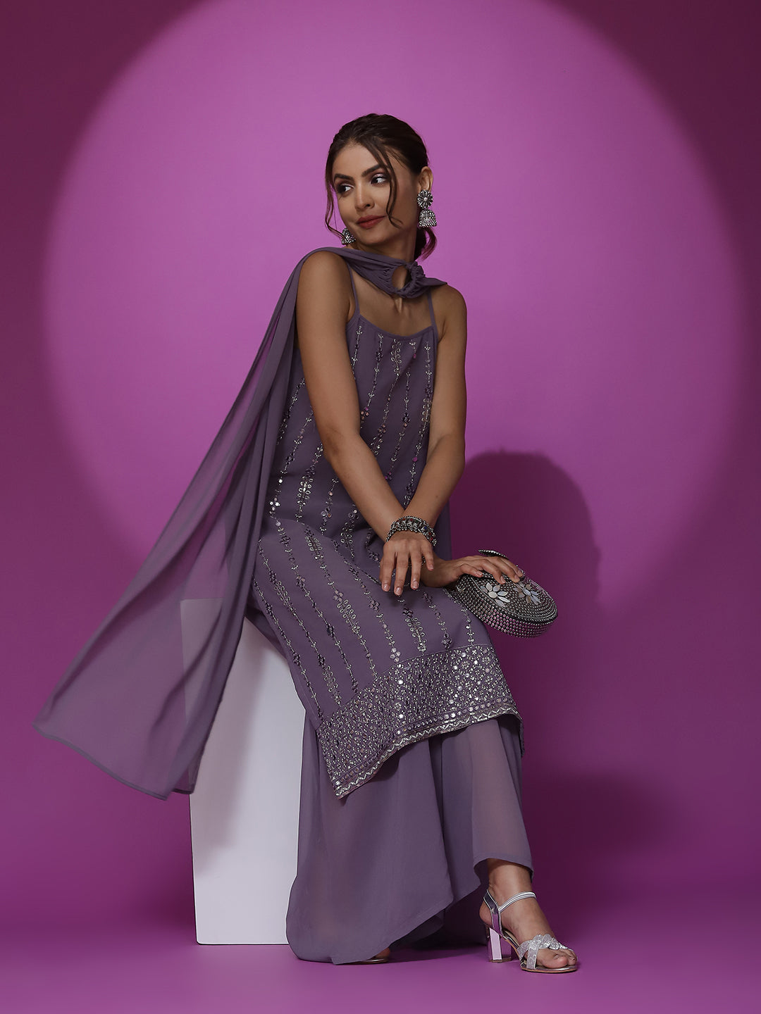 Lavender Sequin Kurta Sharara With Dupatta - Elganza