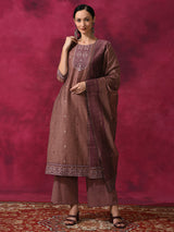 Rust Woven Designed Kurta Palazzo With Dupatta - Elganza