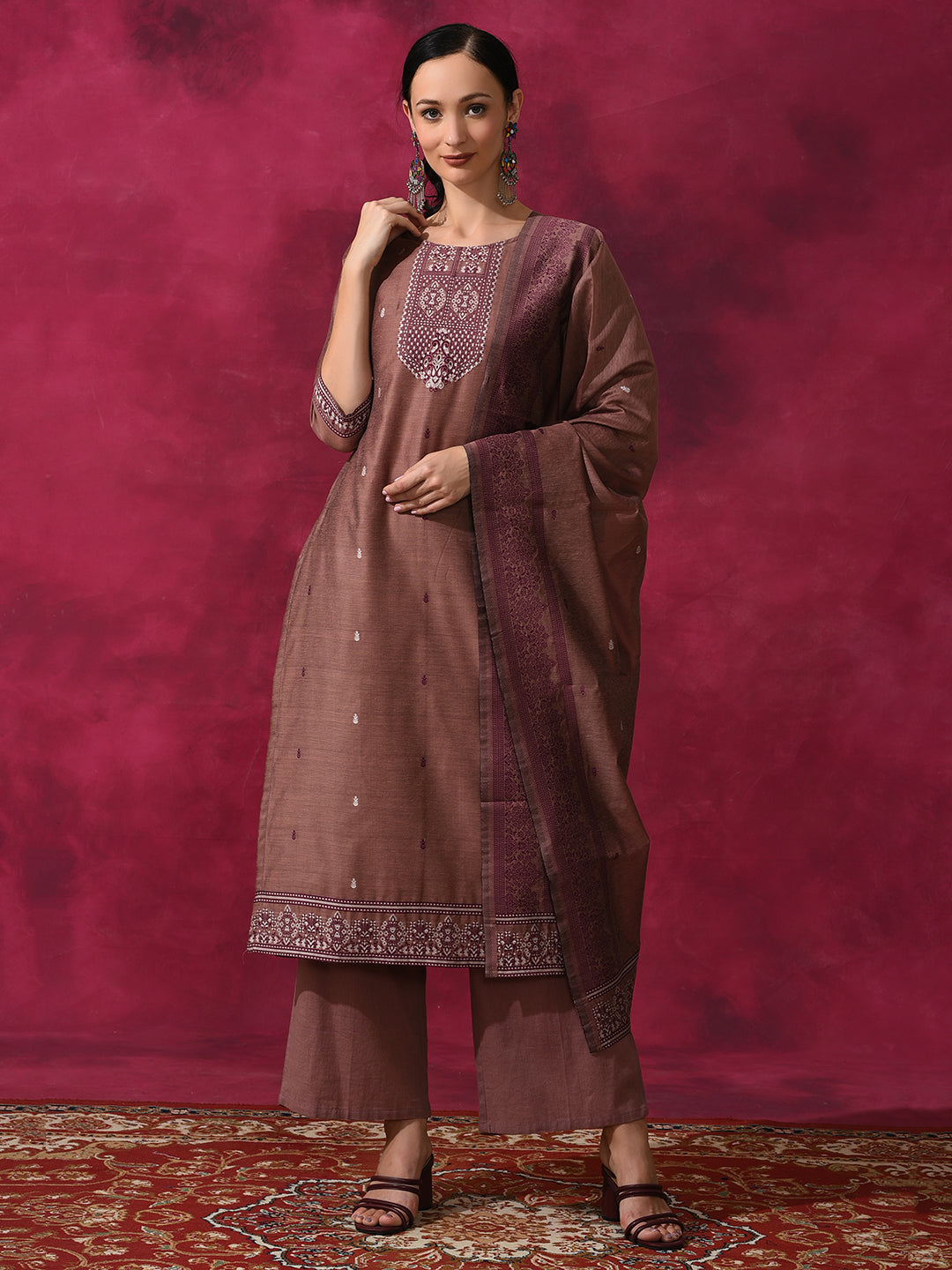 Rust Woven Designed Kurta Palazzo With Dupatta - Elganza