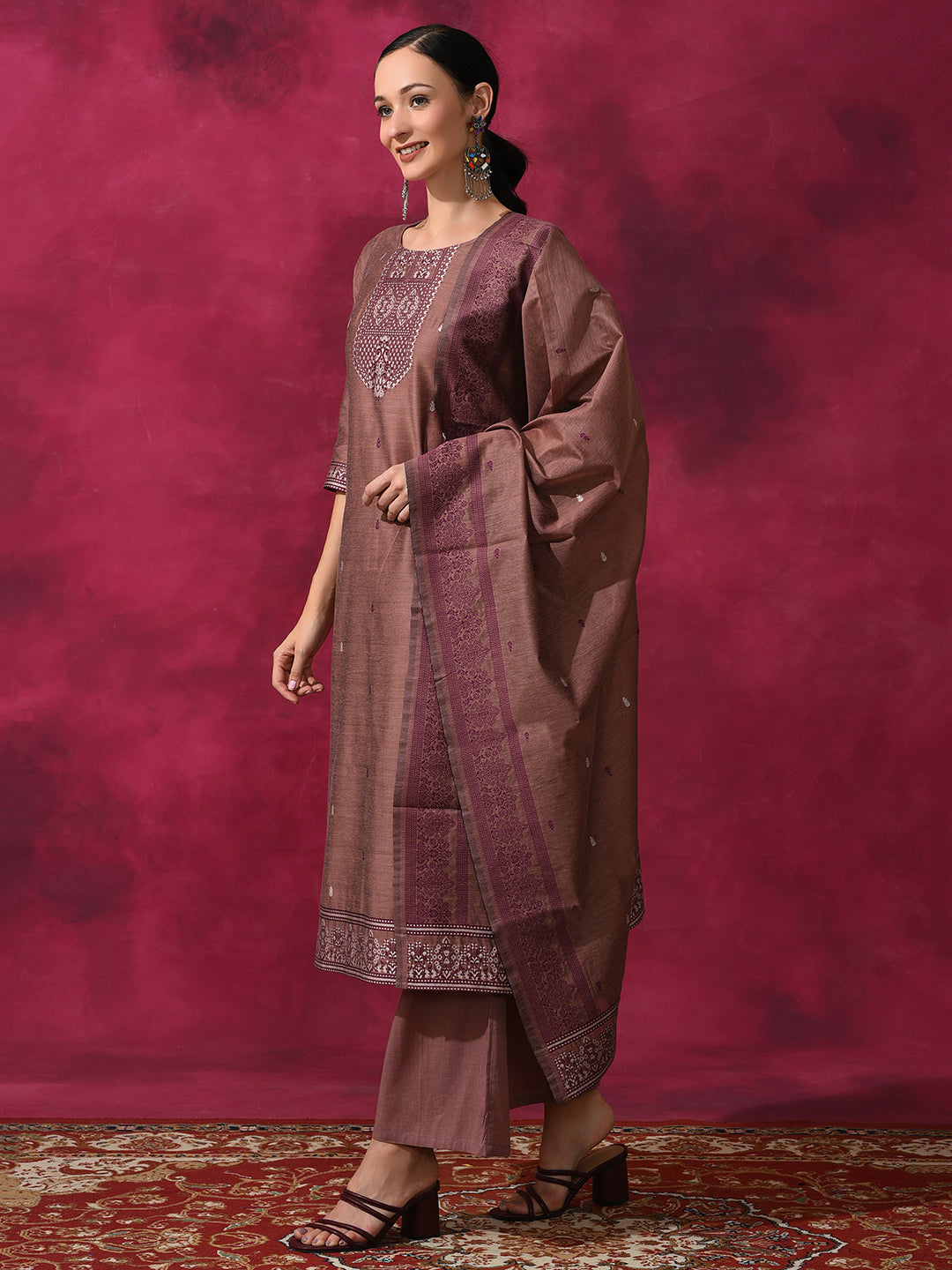 Rust Woven Designed Kurta Palazzo With Dupatta - Elganza