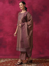 Rust Woven Designed Kurta Palazzo With Dupatta - Elganza