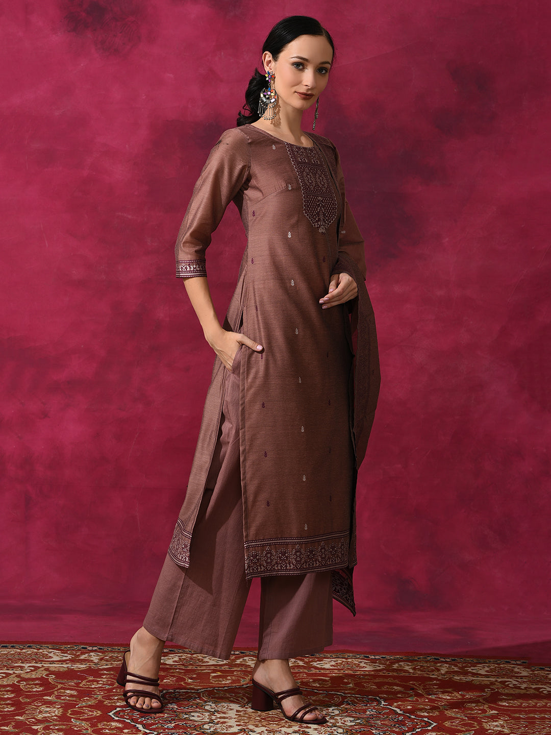 Rust Woven Designed Kurta Palazzo With Dupatta - Elganza