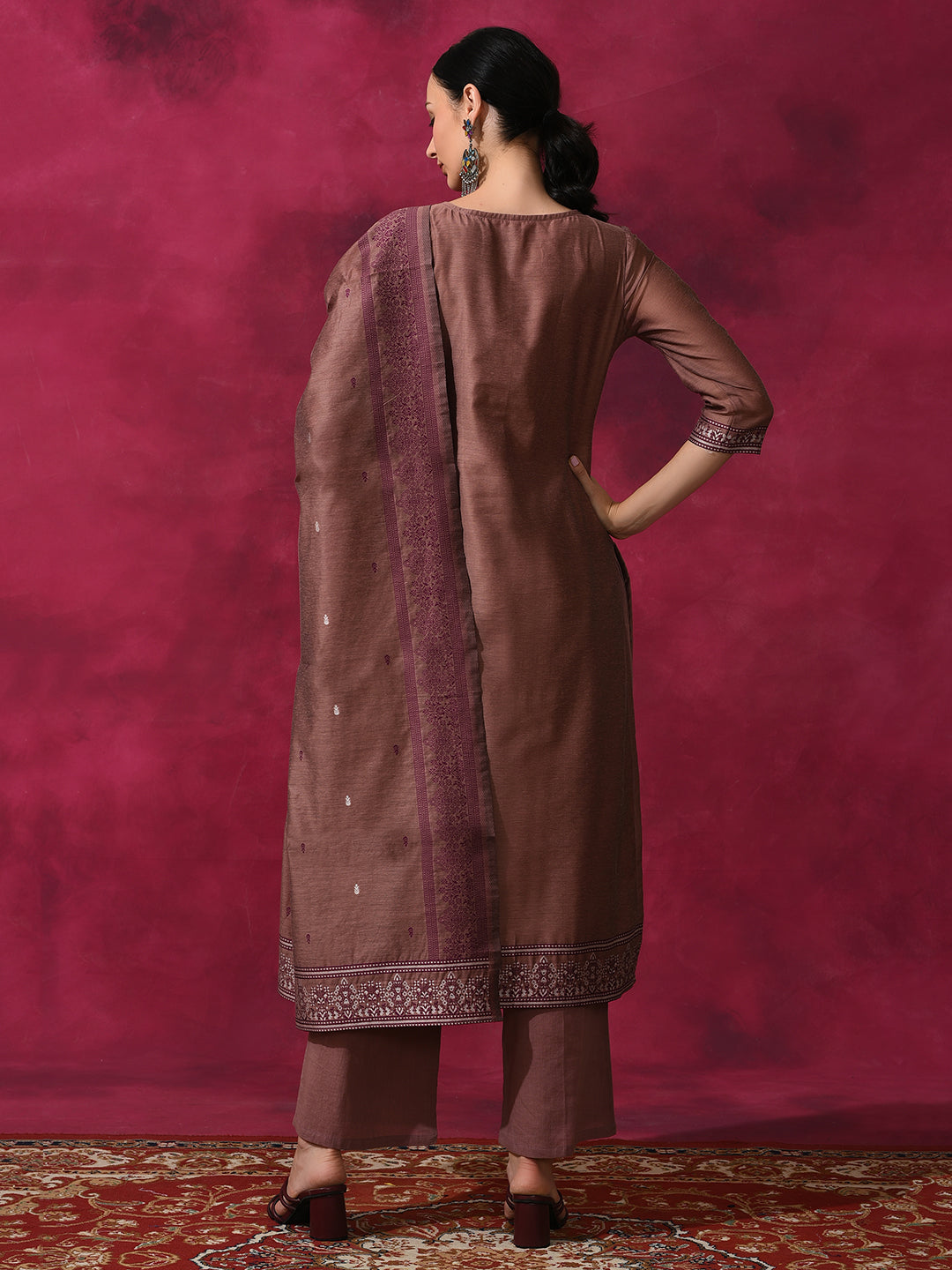 Rust Woven Designed Kurta Palazzo With Dupatta - Elganza