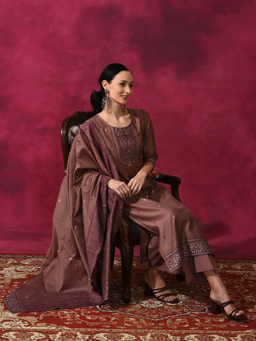 Rust Woven Designed Kurta Palazzo With Dupatta - Elganza
