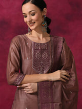 Rust Woven Designed Kurta Palazzo With Dupatta - Elganza