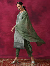 Olive Schiffle Work Kurta Pant With Dupatta - Elganza
