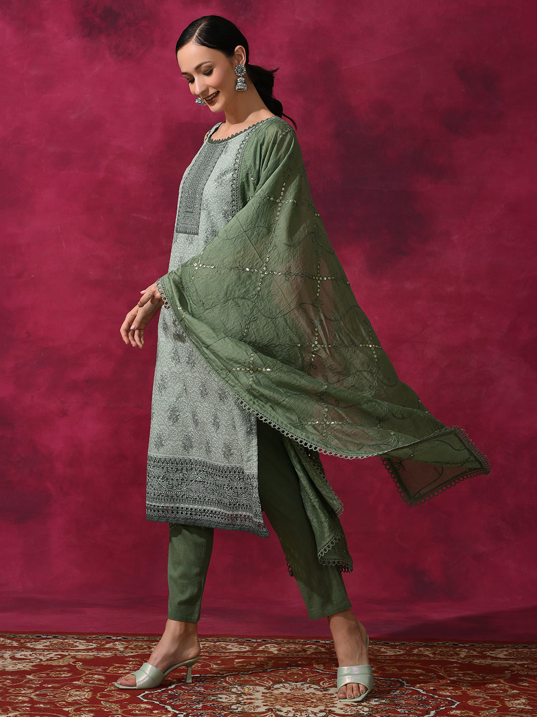 Olive Schiffle Work Kurta Pant With Dupatta - Elganza