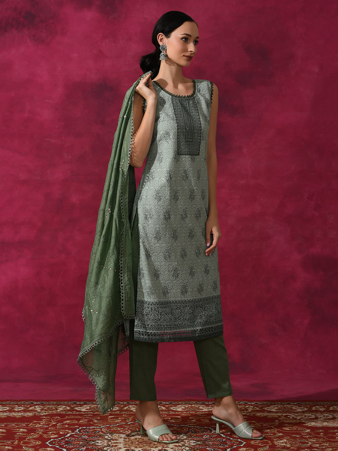 Olive Schiffle Work Kurta Pant With Dupatta - Elganza