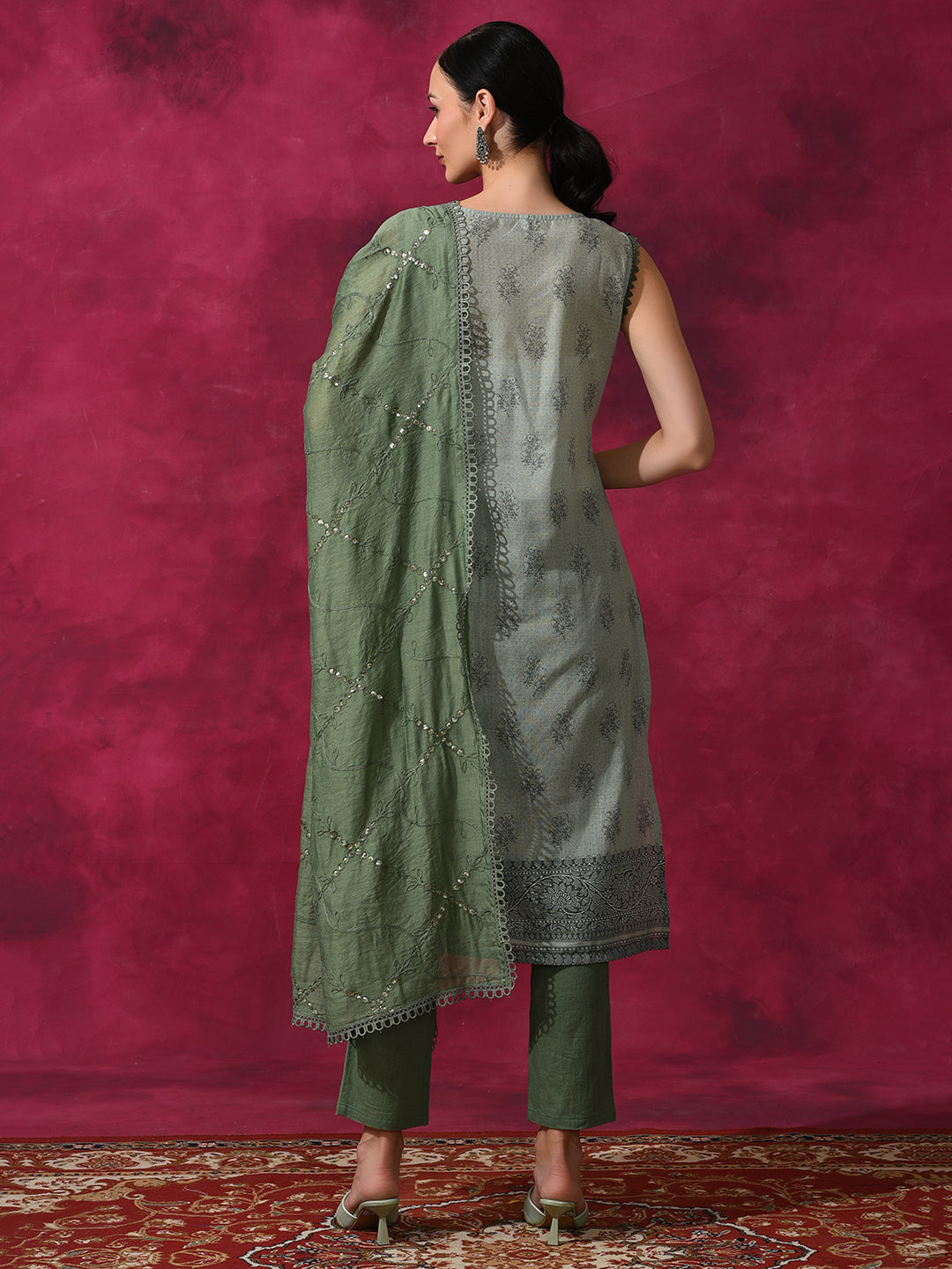 Olive Schiffle Work Kurta Pant With Dupatta - Elganza