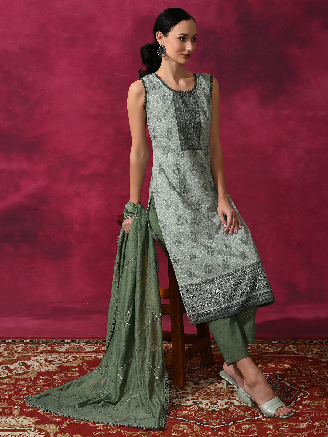 Olive Schiffle Work Kurta Pant With Dupatta - Elganza