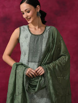 Olive Schiffle Work Kurta Pant With Dupatta - Elganza
