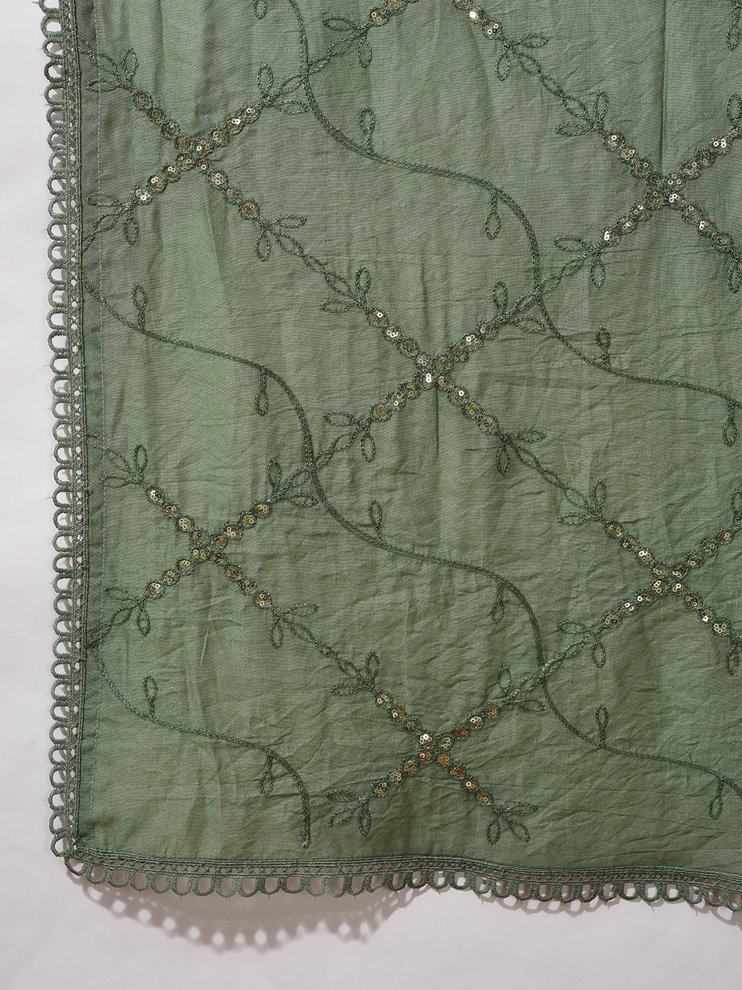 Olive Schiffle Work Kurta Pant With Dupatta - Elganza