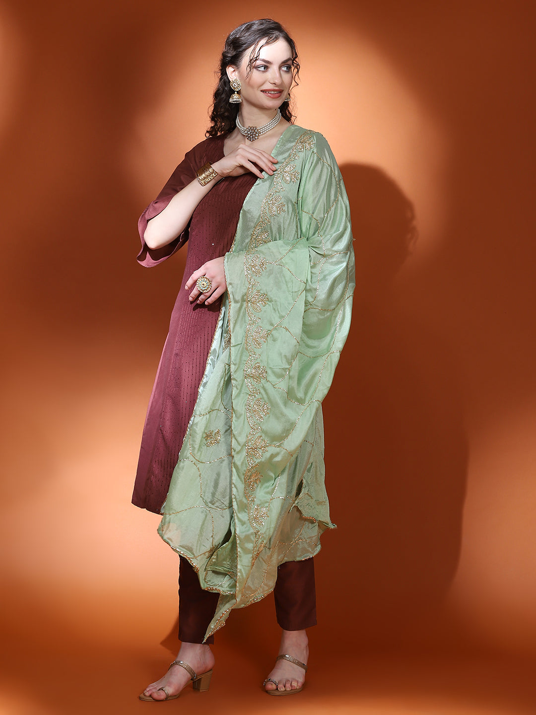 Brown Sequin A-Line Kurta Pant With Dupatta - Elganza