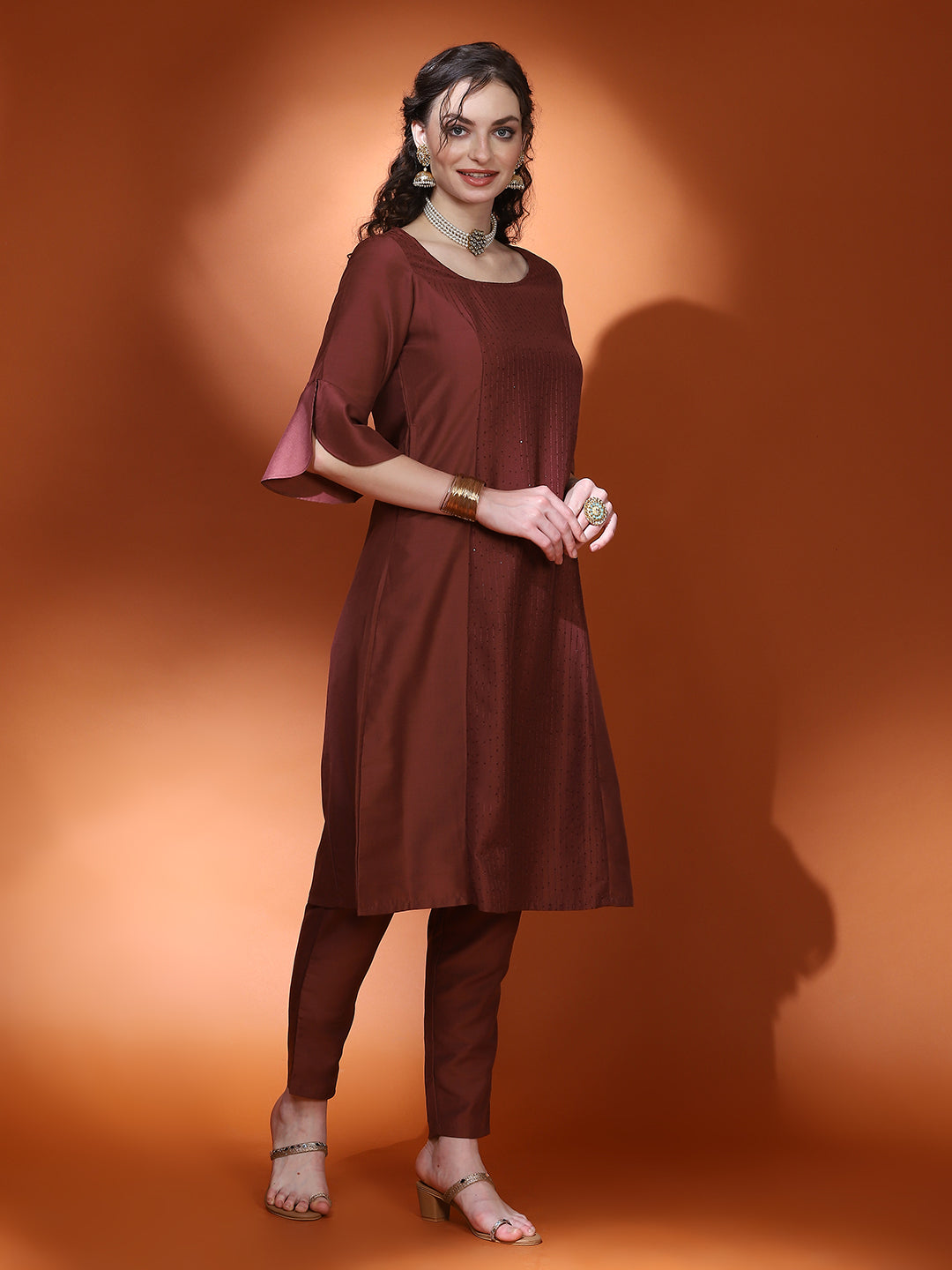 Brown Sequin A-Line Kurta Pant With Dupatta - Elganza