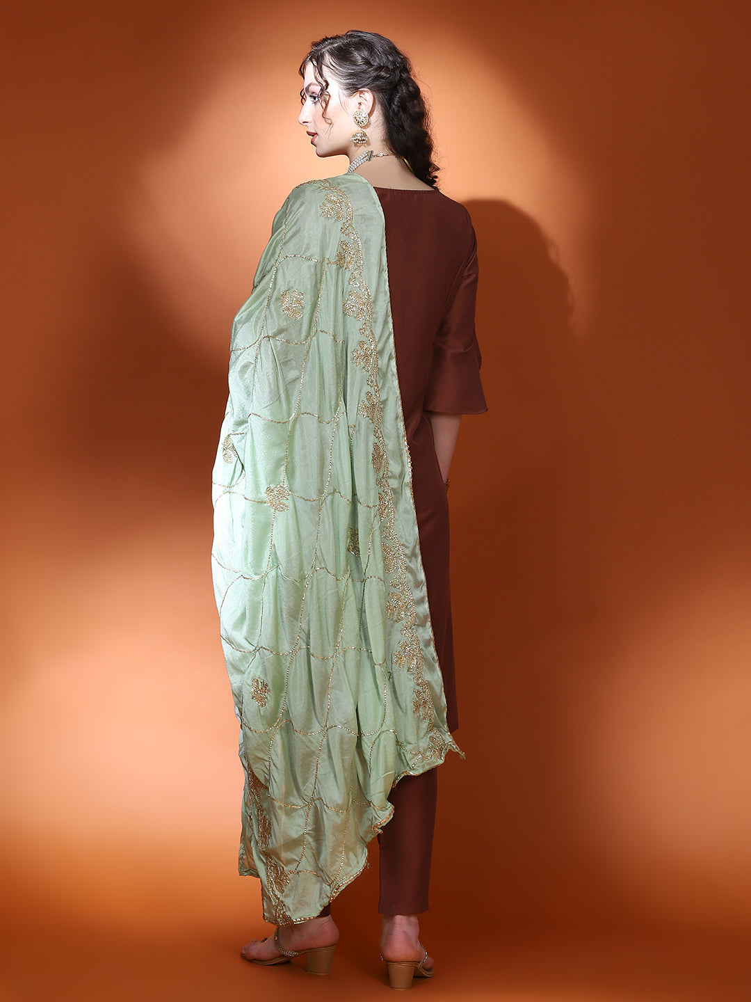 Brown Sequin A-Line Kurta Pant With Dupatta - Elganza