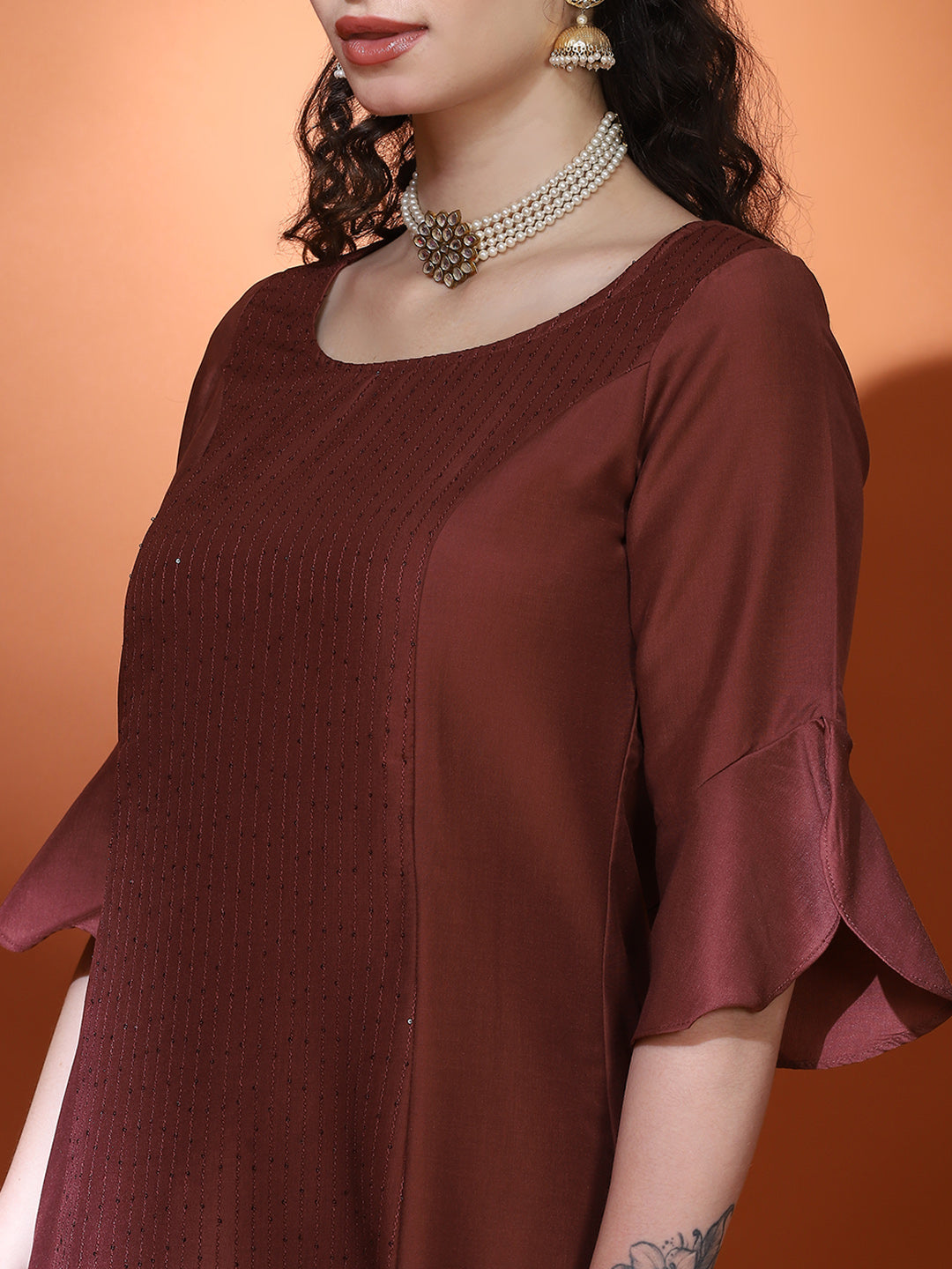 Brown Sequin A-Line Kurta Pant With Dupatta - Elganza