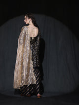 Black Foil Print A-Line Kurta Sharara With Dupatta - Elganza