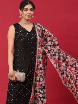 Black Embroidered Kurta Palazzo With Dupatta - Elganza