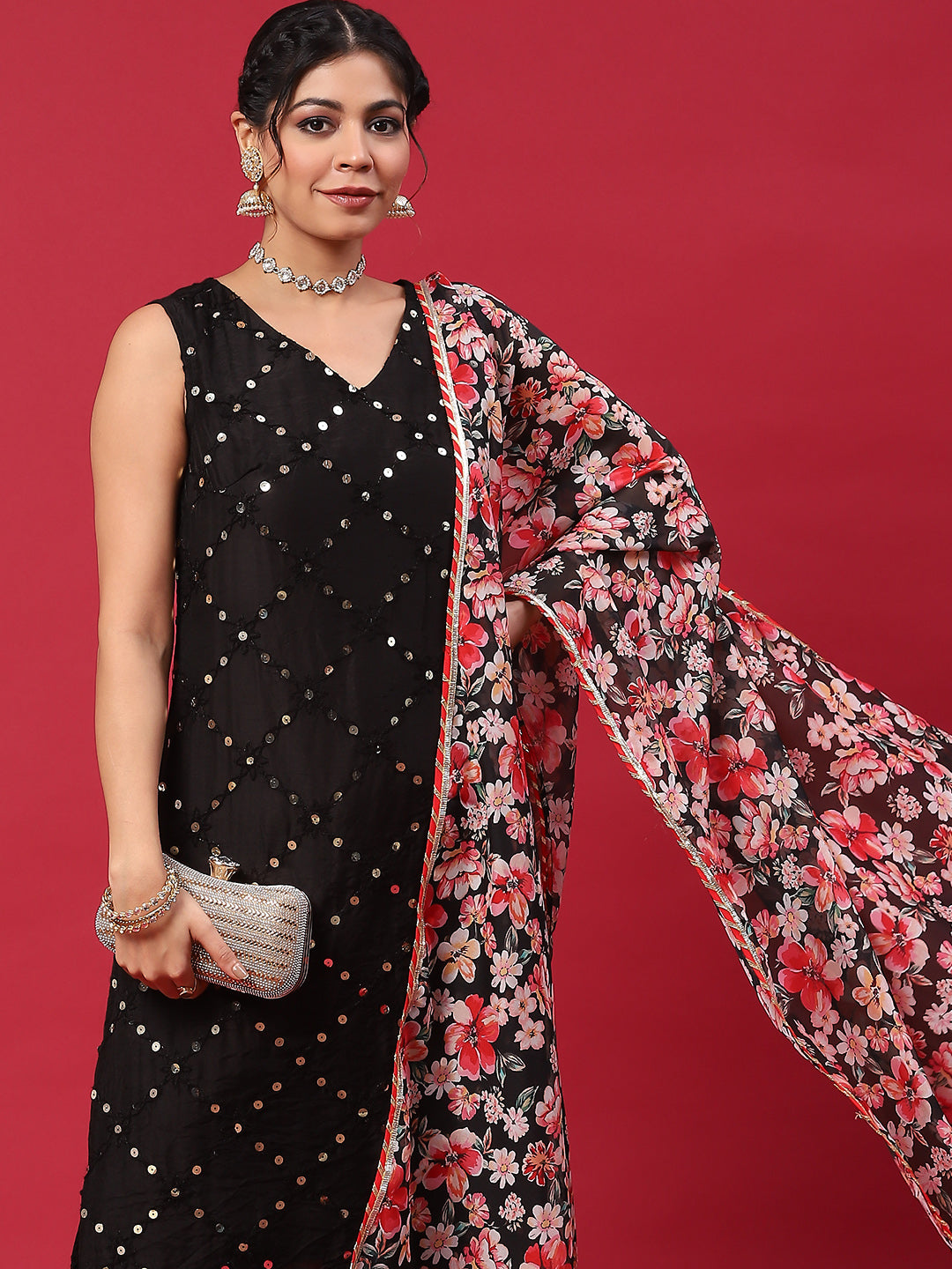 Black Embroidered Kurta Palazzo With Dupatta - Elganza