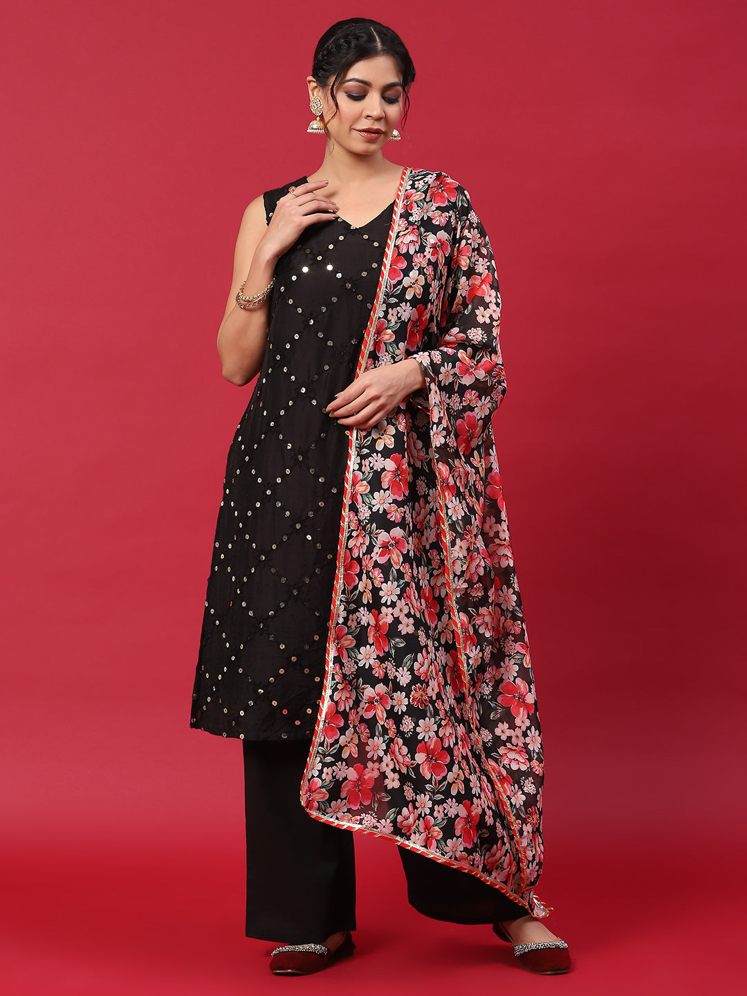 Black Embroidered Kurta Palazzo With Dupatta - Elganza