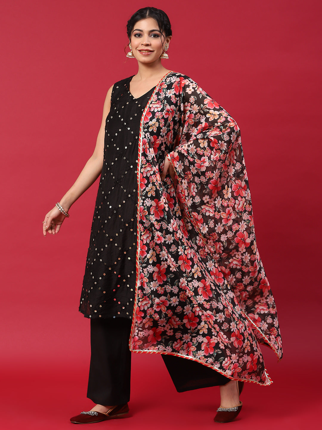 Black Embroidered Kurta Palazzo With Dupatta - Elganza