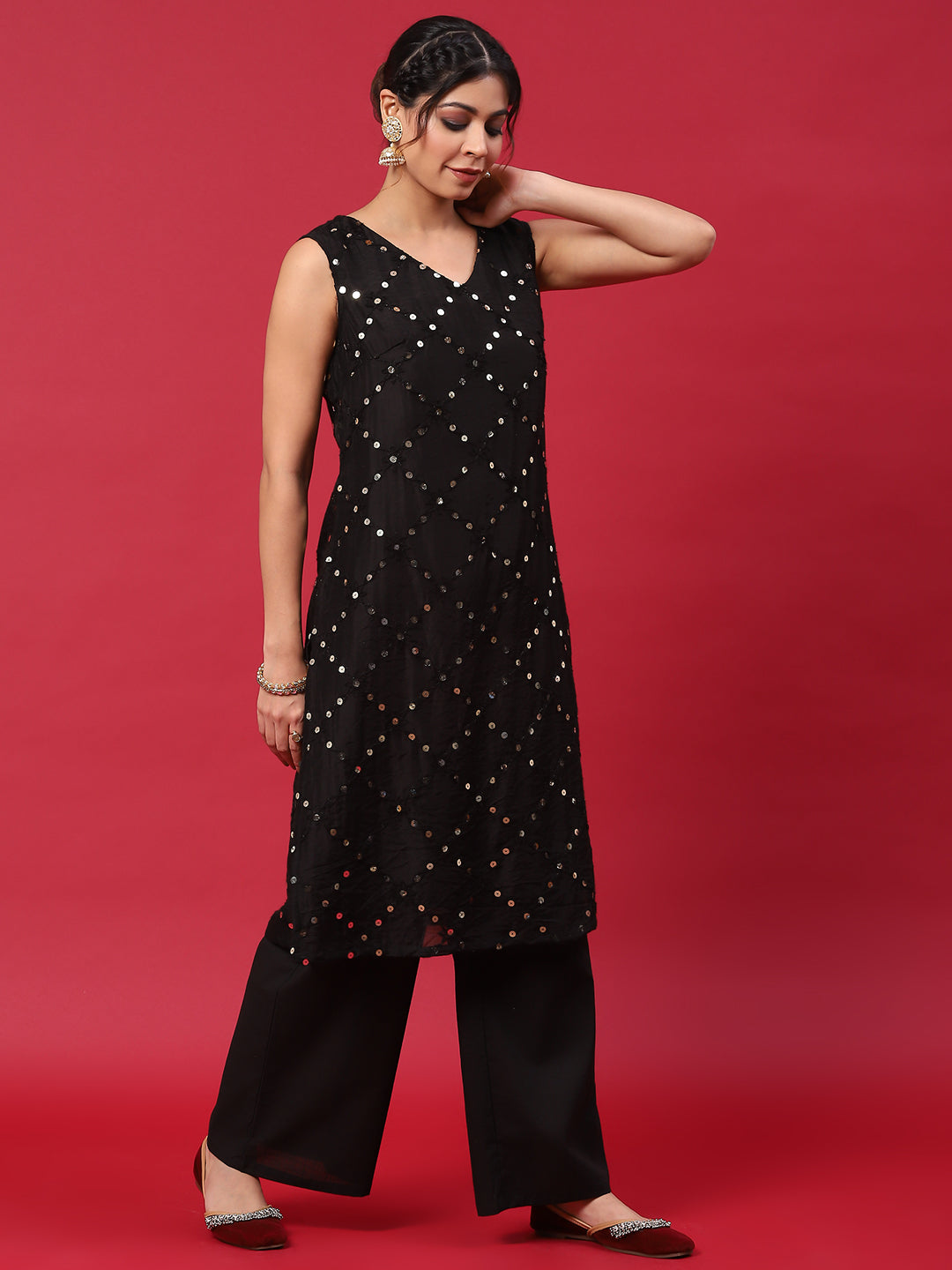 Black Embroidered Kurta Palazzo With Dupatta - Elganza