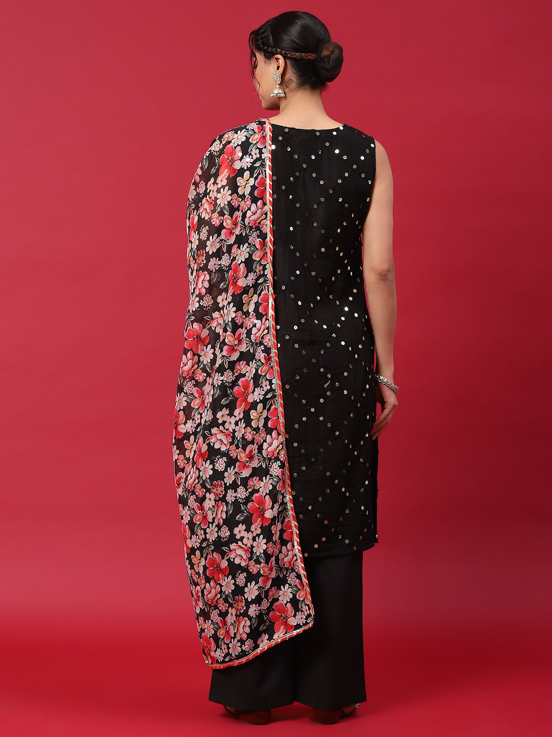 Black Embroidered Kurta Palazzo With Dupatta - Elganza