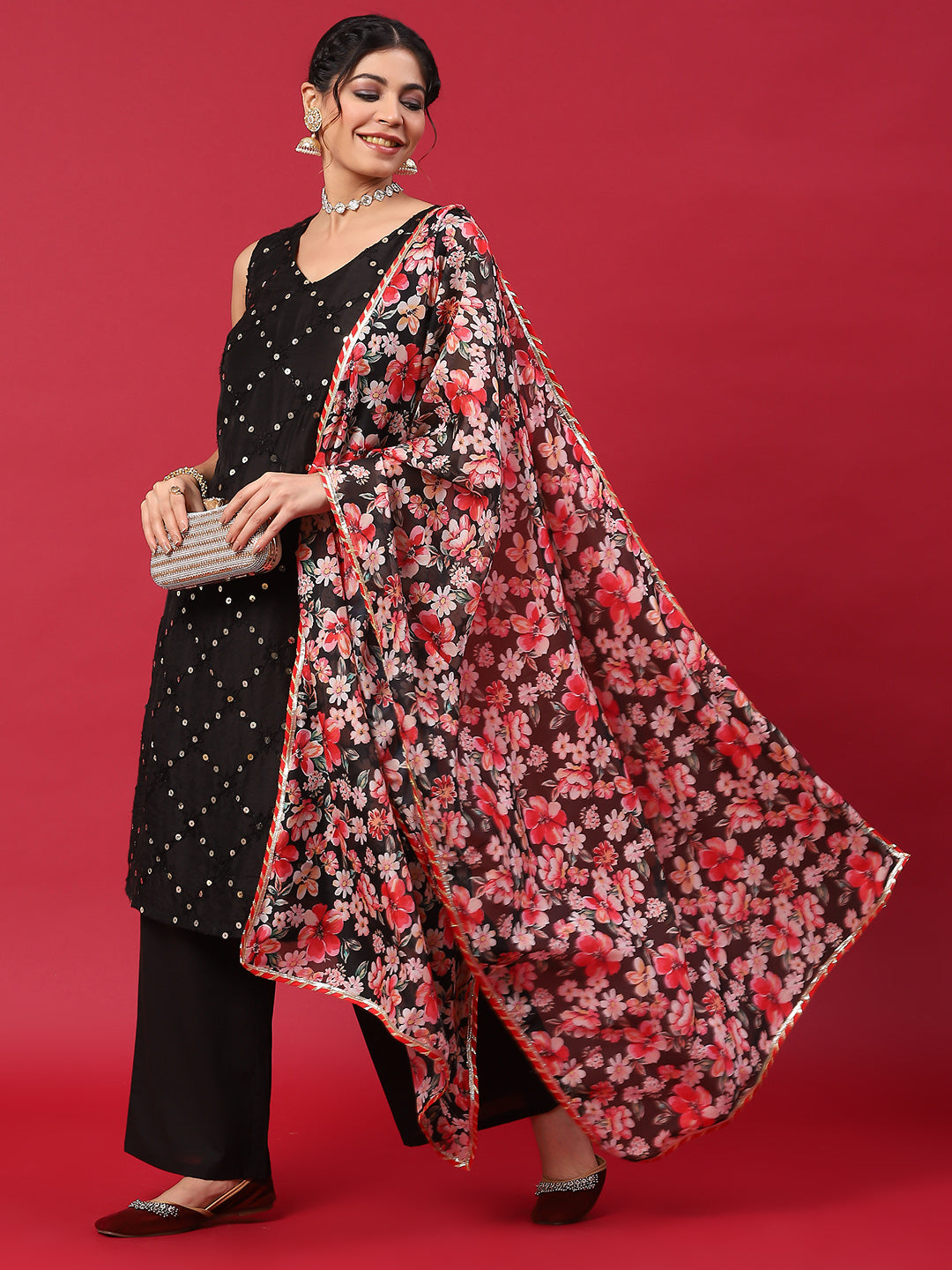 Black Embroidered Kurta Palazzo With Dupatta - Elganza